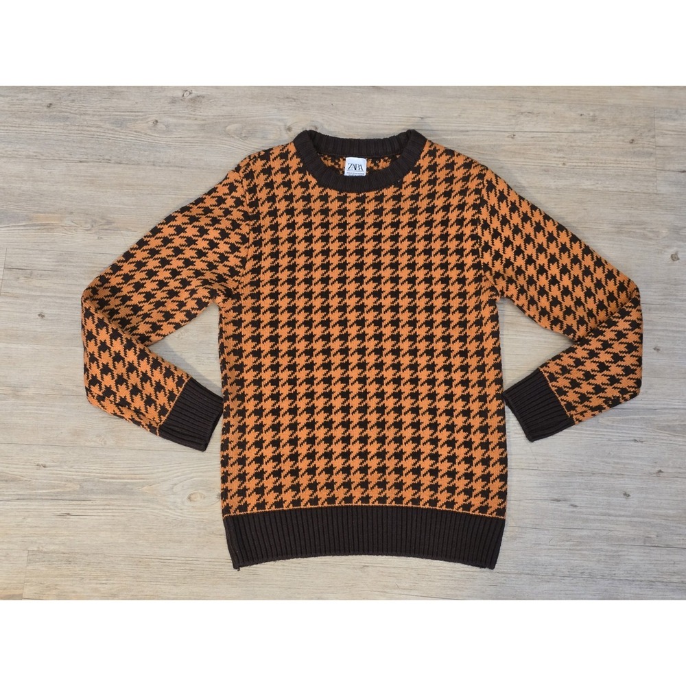 Zara Orange And‎ Brown Houndstooth Sweater Size M